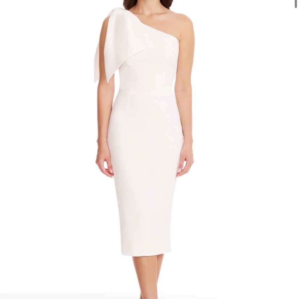 Dress the Population One-Shoulder Cream Midi Dress with Shoulder Bow